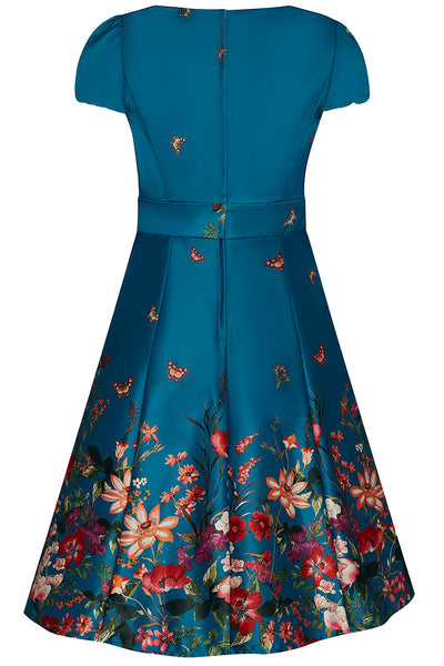 Claudia Fifties Inspired Dress in Teal with Raising Flower