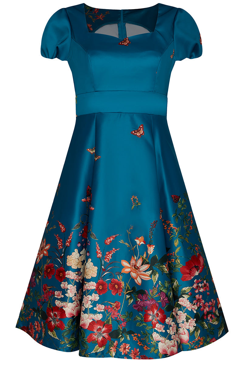 Claudia Fifties Inspired Dress in Teal with Raising Flower