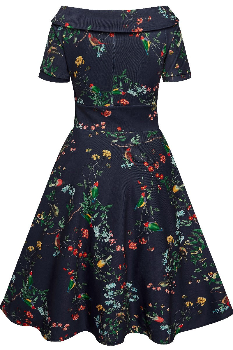 Darlene Retro Bird & Flower Swing Dress - Dark Navy