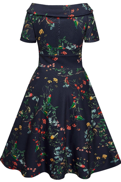 Darlene Retro Bird & Flower Swing Dress - Dark Navy