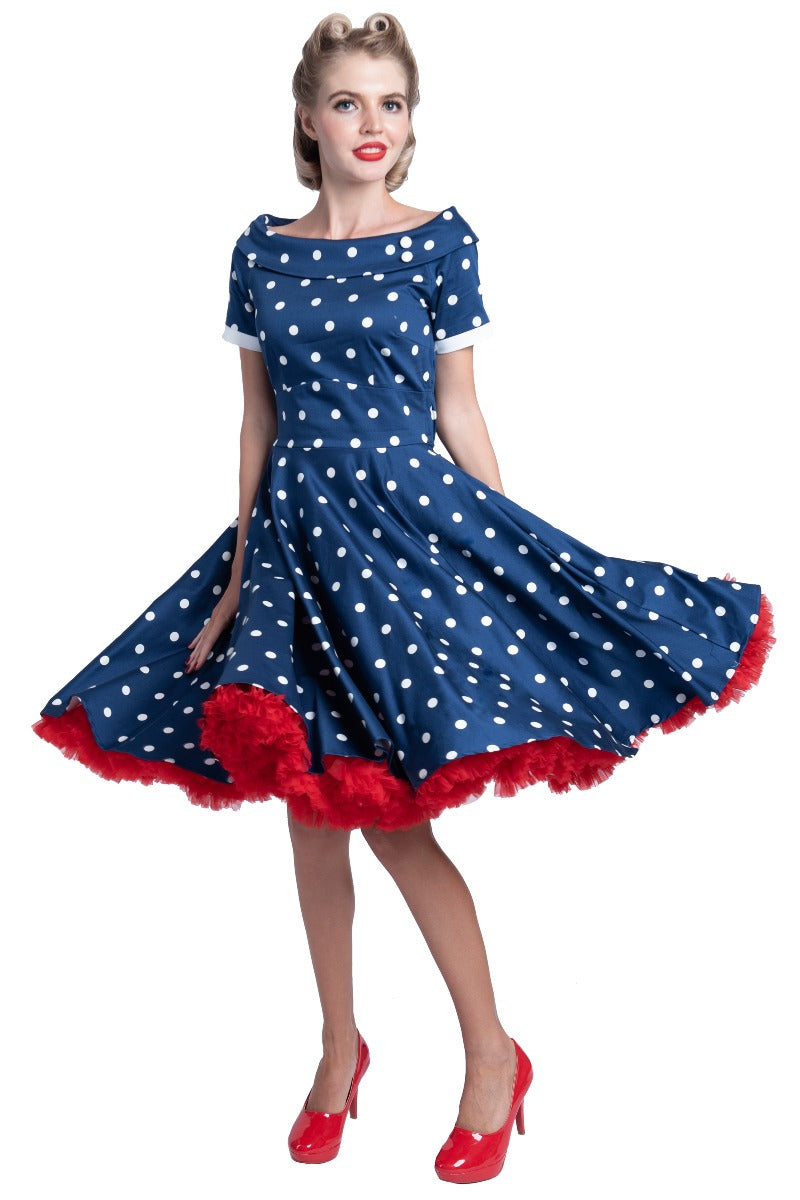 Darlene Rockabilly Polka Dot Dress in Navy/White