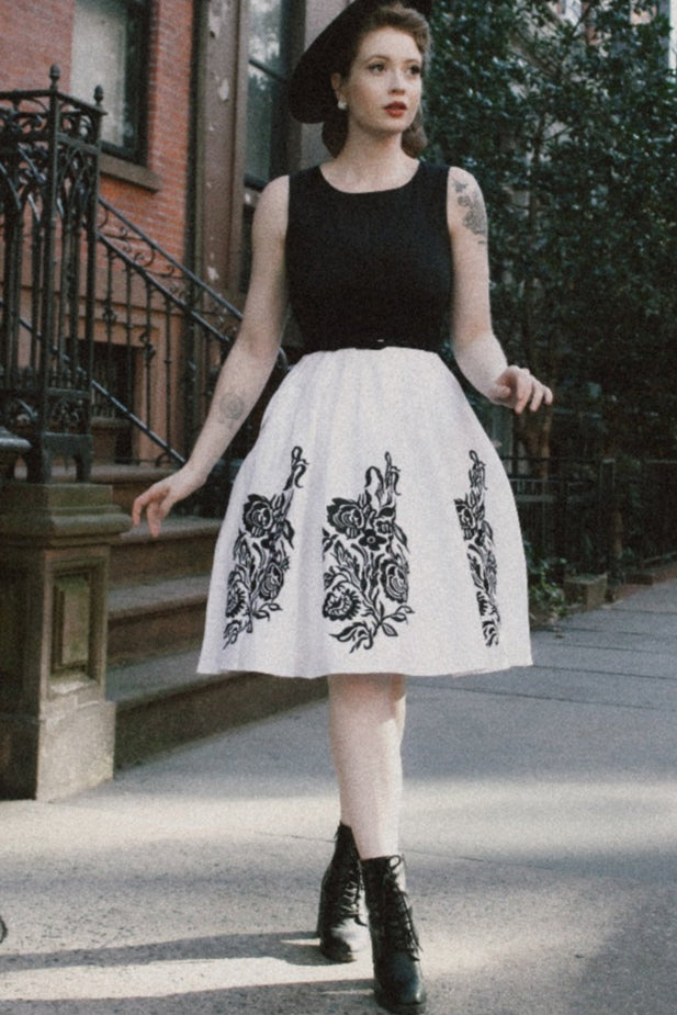 Embroidered Roses Swing Dress in BlackWhite