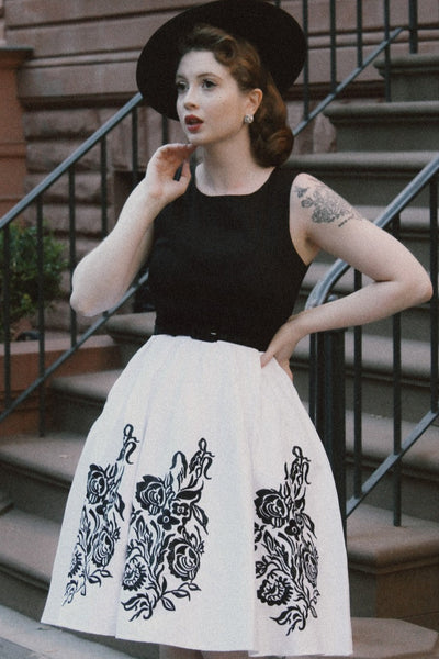 Embroidered Roses Swing Dress in Black-White