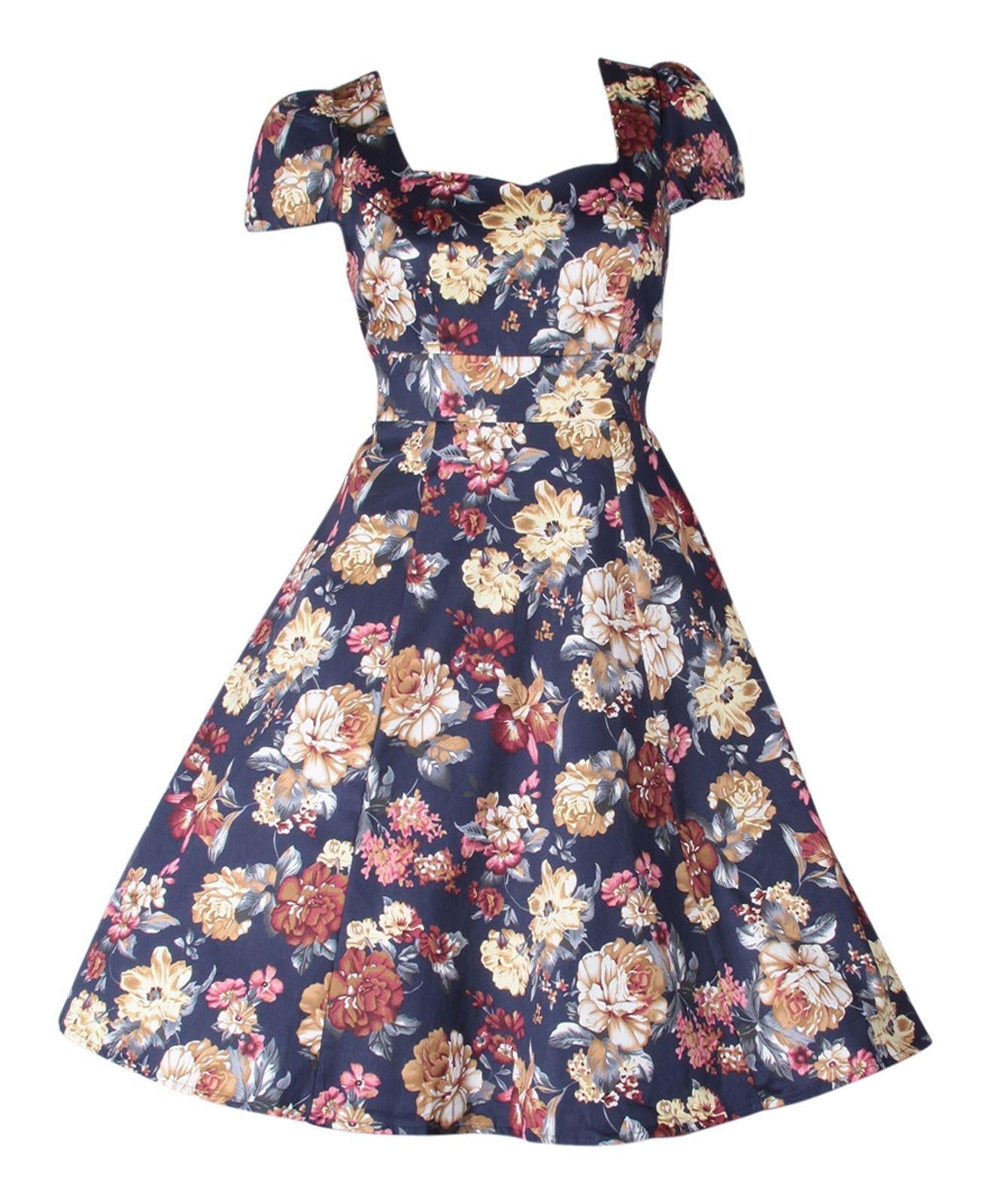 Claudia Flirty Fifties Swing Floral Dress in Blue