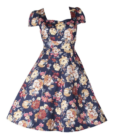 Claudia Flirty Fifties Swing Floral Dress in Blue