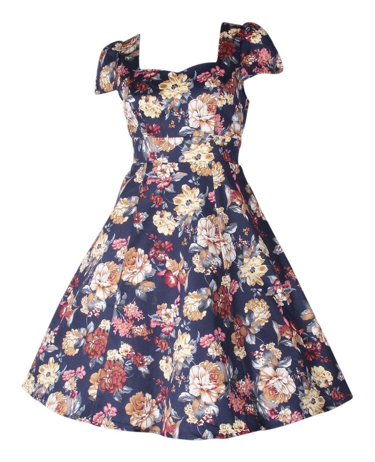 Claudia Flirty Fifties Swing Floral Dress in Blue