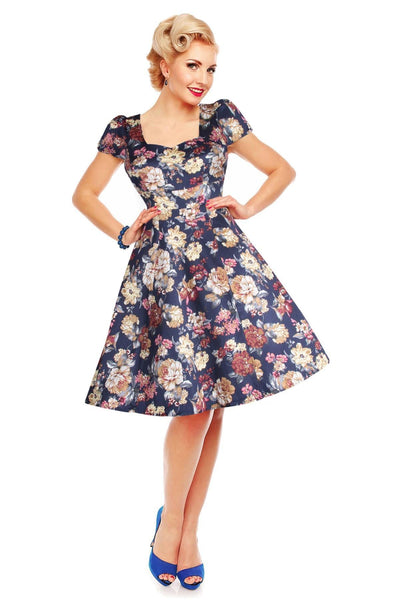 Claudia Flirty Fifties Swing Floral Dress in Blue