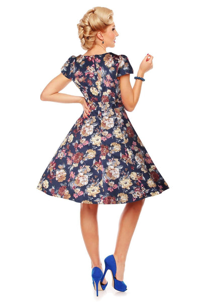Claudia Flirty Fifties Swing Floral Dress in Blue