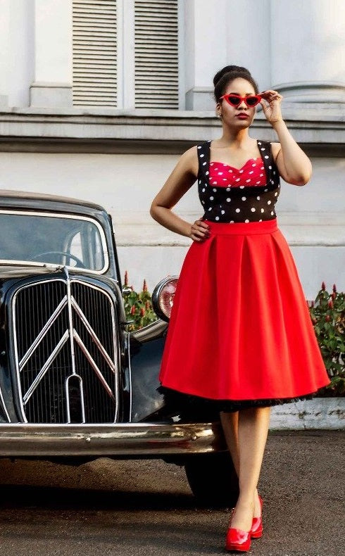 Slim Fit Top in Black with Red Bust/ White Polka Dots 