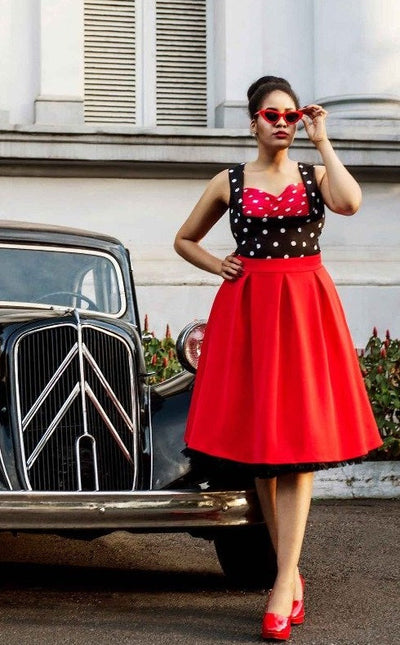 Slim Fit Top in Black with Red Bust/ White Polka Dots 