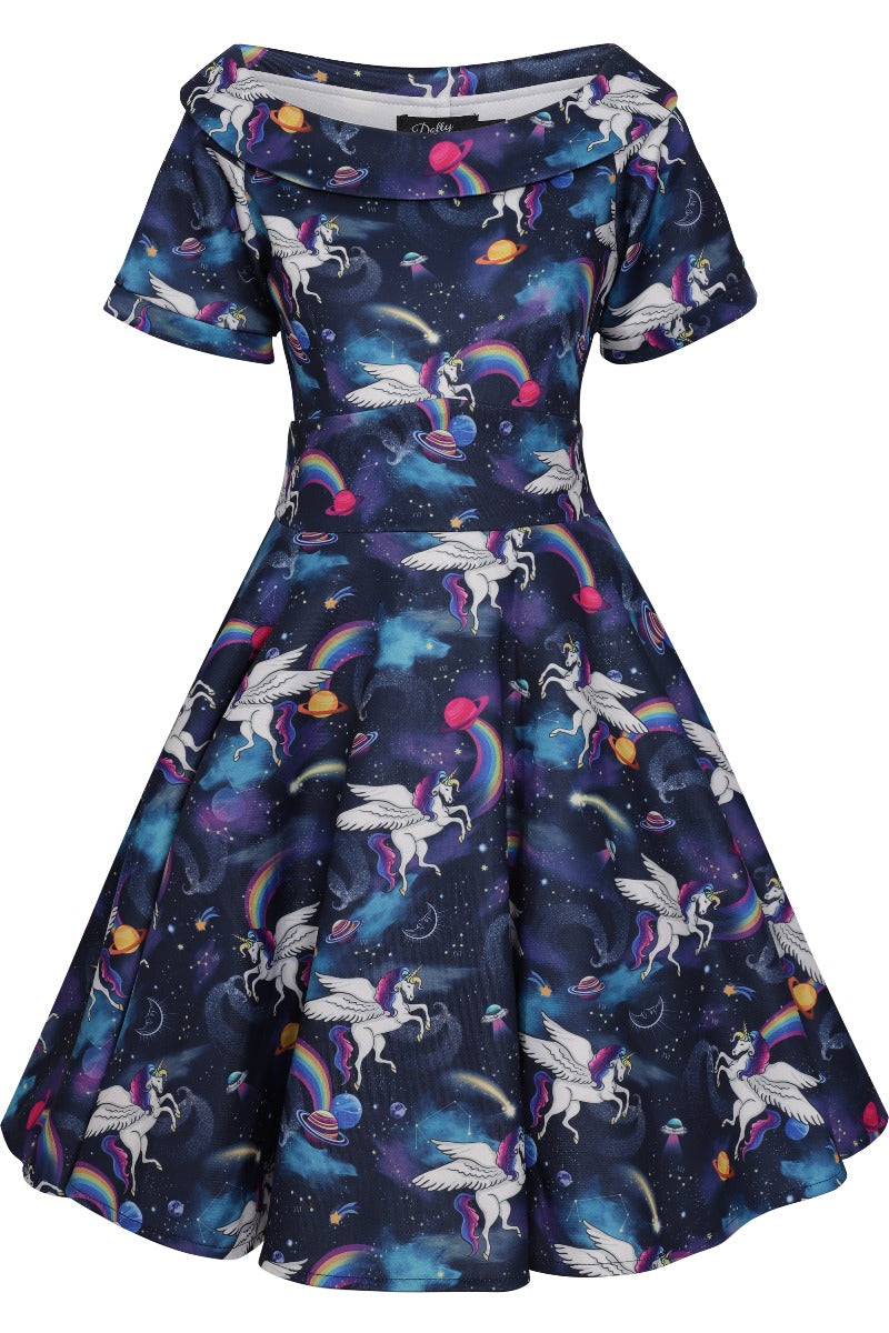 Girls Darlene 50s Inspired Swing Dress in Unicorn