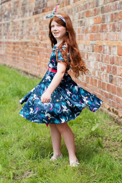 Girls Darlene 50s Inspired Swing Dress in Unicorn