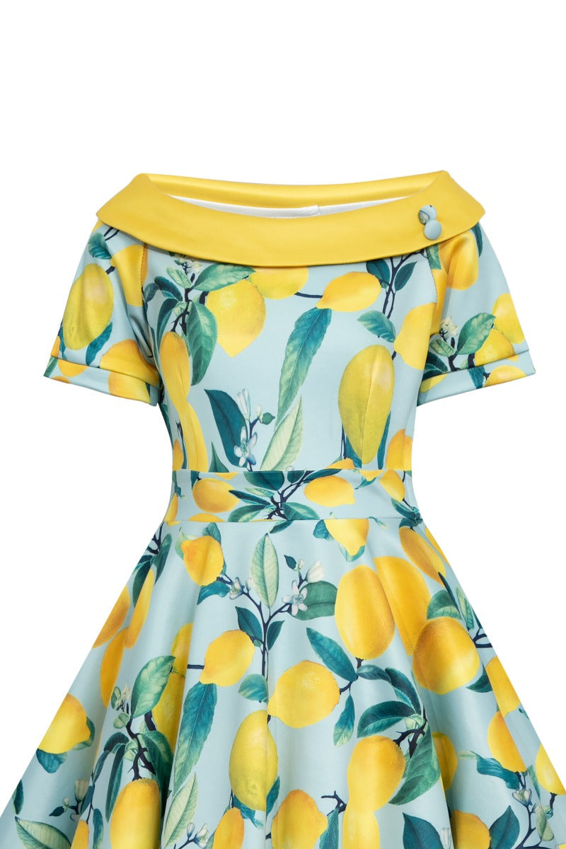 Girls Darlene 50s Inspired Swing Dress in Blue Lemon