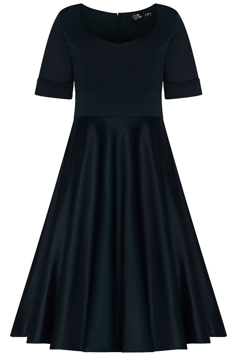 Barbara Satin Sweetheart Neckline Short Sleeved Dress in Black