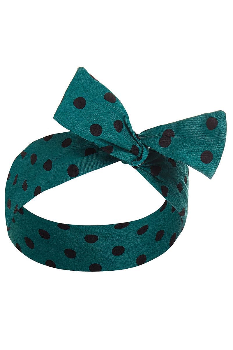 50's inspired Bow Tie headband in Green and Black Dots