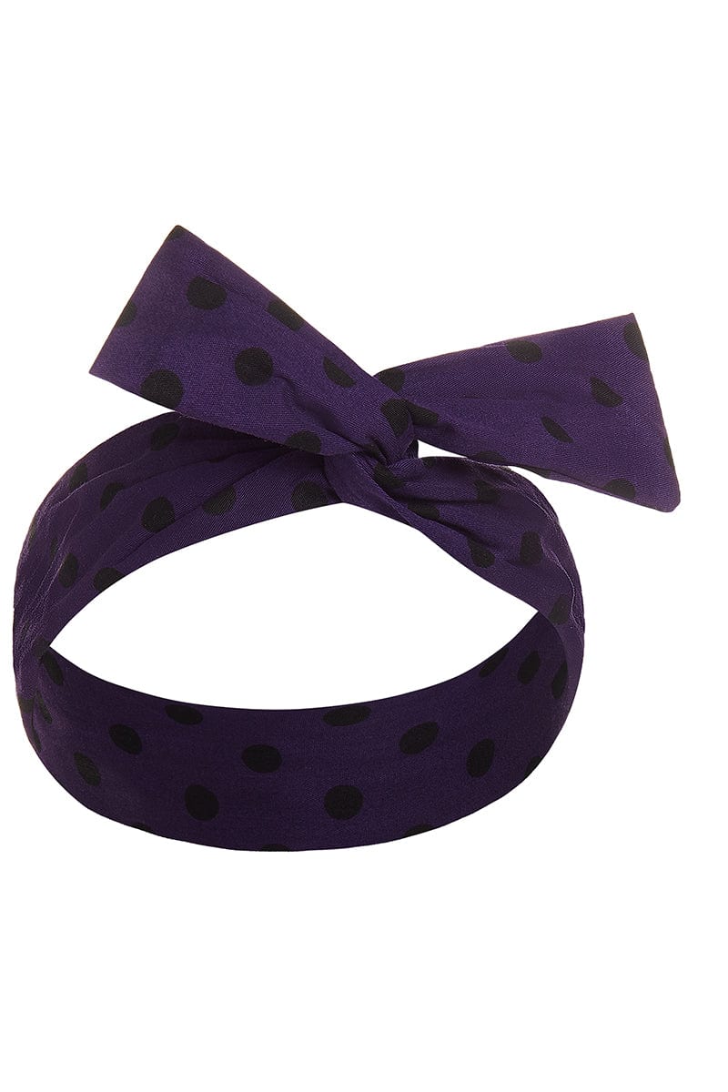50's inspired Bow Tie headband in Purple and Black Crazy Dots

