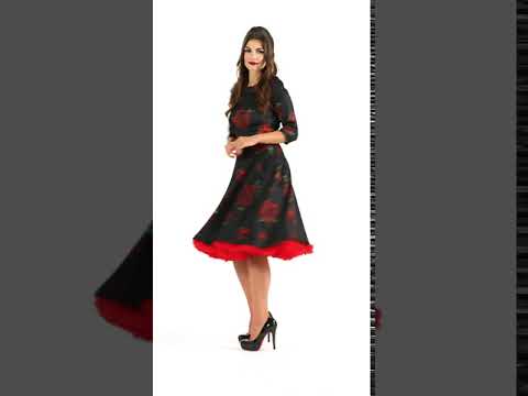 Deborah Flattering Swing Dress in Dark with Red Roses