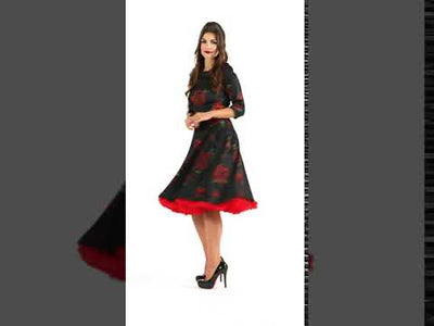 Deborah Flattering Swing Dress in Dark with Red Roses