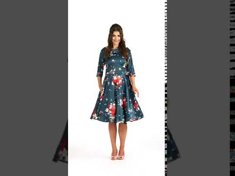 Deborah Long-Sleeved Swing Tea Dress Teal Blue Red & Pink Roses
