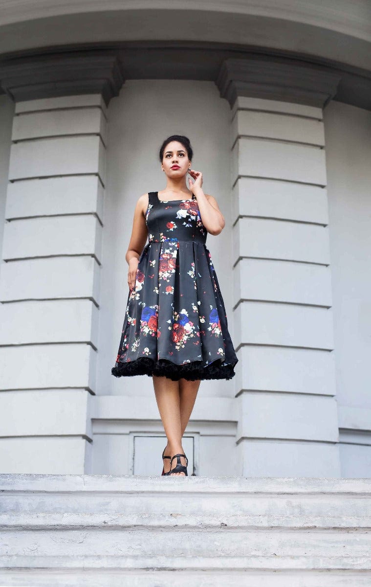 Amanda Inspired Black Swing Dress - A Rose & Floral Print