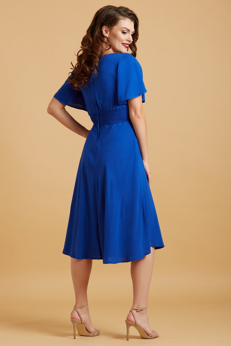 Janice Vintage-Inspired Swing dress with Petal Sleeves in Navy