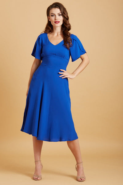 Janice Vintage-Inspired Swing dress with Petal Sleeves in Navy
