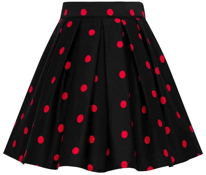 Kathleen Kids Box Pleat Circle Skirt In Black with Red Polka