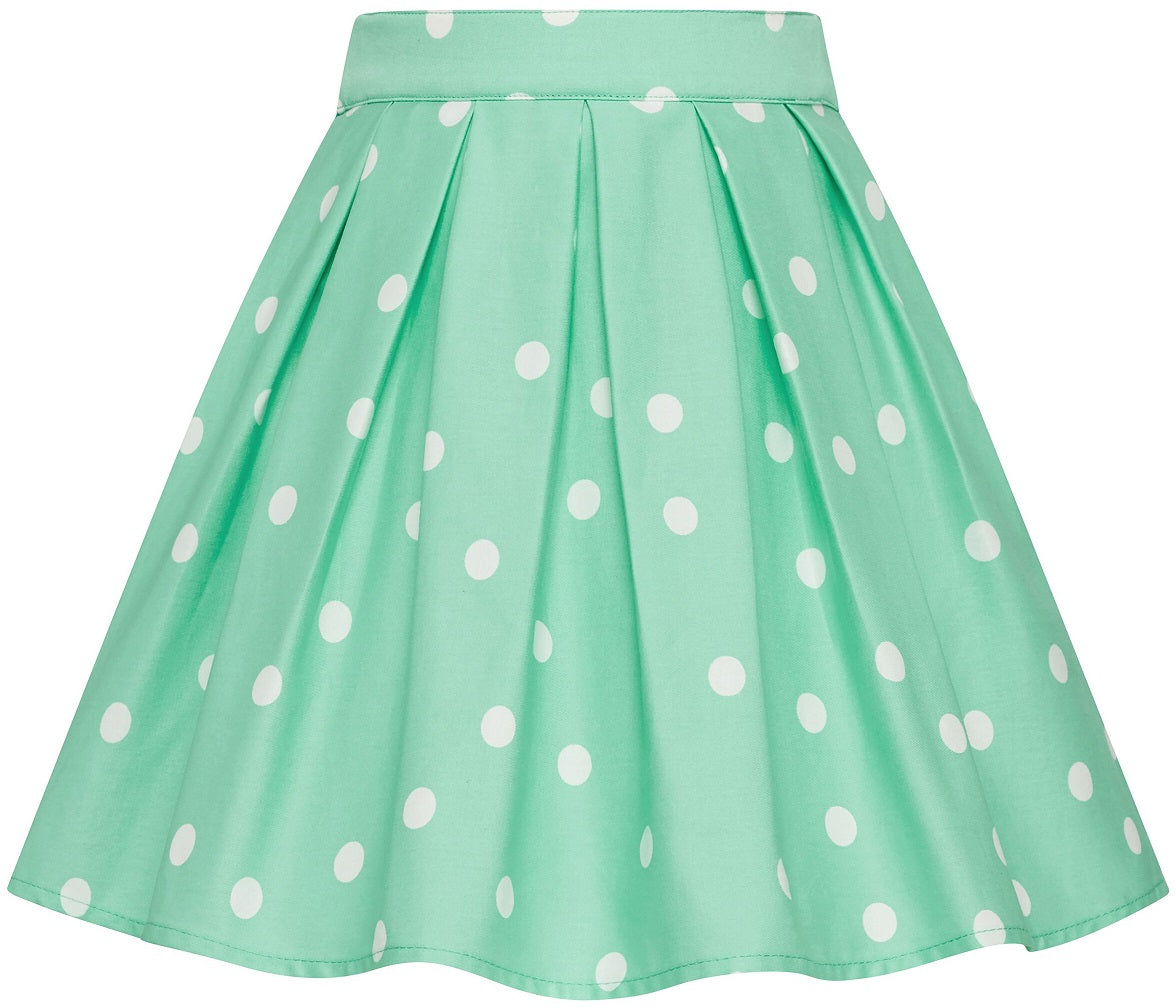 Kathleen 1950s Inspired Children's Box Pleat Circle Skirt in Cyan Cream Polka