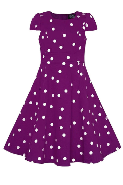 Kids Claudia 50s Inspired Flared Dress in Purple with White Polka Dots