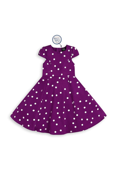 Kids Claudia 50s Inspired Flared Dress in Purple with White Polka Dots