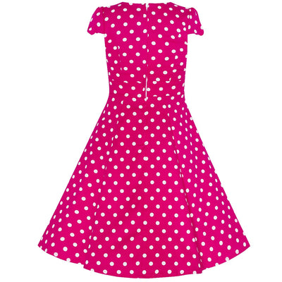 Kids Claudia 50s  Inspired Flared Dress in Hot Pink-White Polka Dots