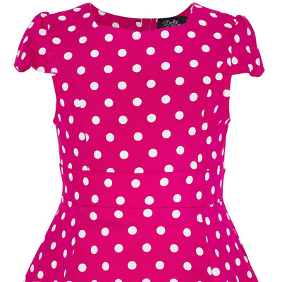 Kids Claudia 50s  Inspired Flared Dress in Hot Pink-White Polka Dots
