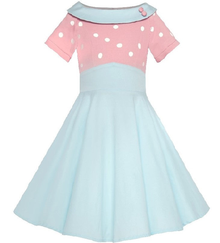Girls Darlene Polka Dot Swing Dress In Baby Pink/White Top and Light Blue Skirt