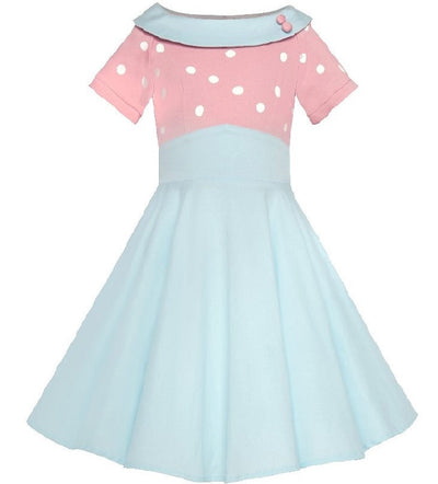 Girls Darlene Polka Dot Swing Dress In Baby Pink/White Top and Light Blue Skirt