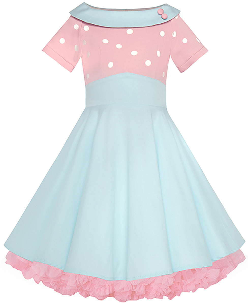 Children's Darlene Swing Dress Pale Blue & Pale Pink Polka