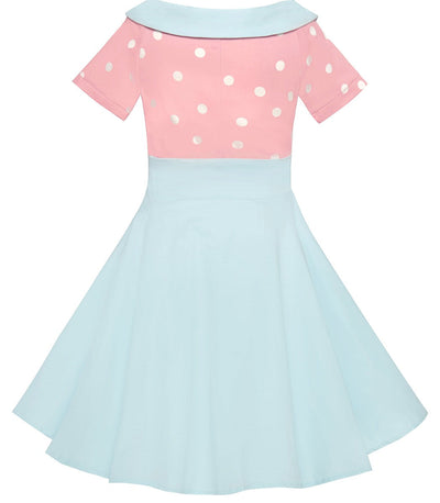 Girls Darlene Polka Dot Swing Dress In Baby Pink/White Top and Light Blue Skirt