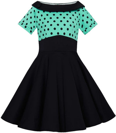 Girls Darlene Vintage Inspired Swing Dress In Turquoise & Black Polka Dots