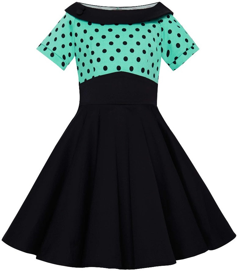 Girls Darlene Vintage Inspired Swing Dress In Turquoise & Black Polka Dots