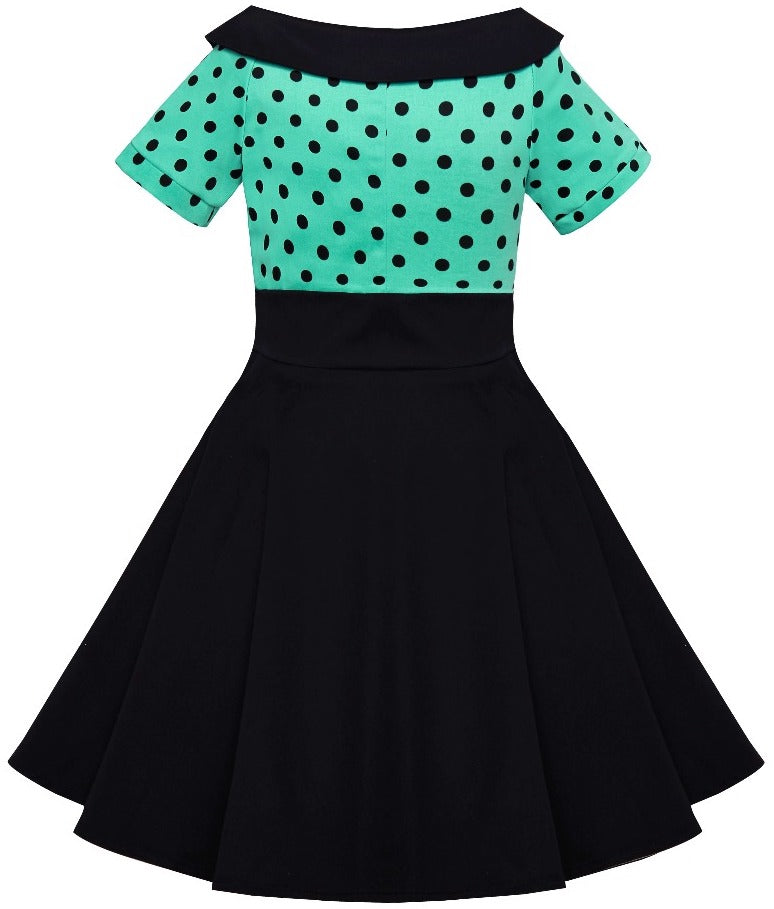 Girls Darlene Vintage Inspired Swing Dress In Turquoise & Black Polka Dots