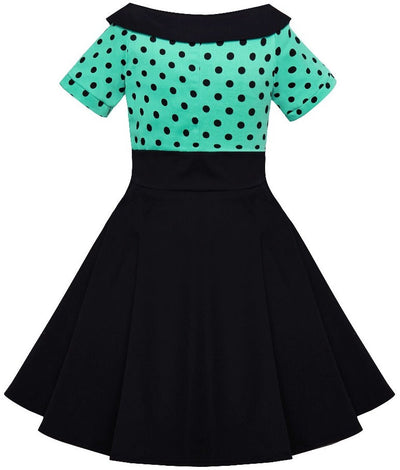 Girls Darlene Vintage Inspired Swing Dress In Turquoise & Black Polka Dots