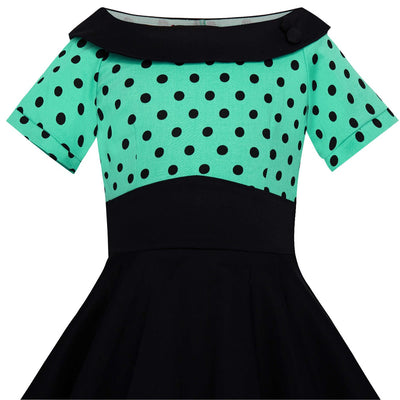 Girls Darlene Vintage Inspired Swing Dress In Turquoise & Black Polka Dots
