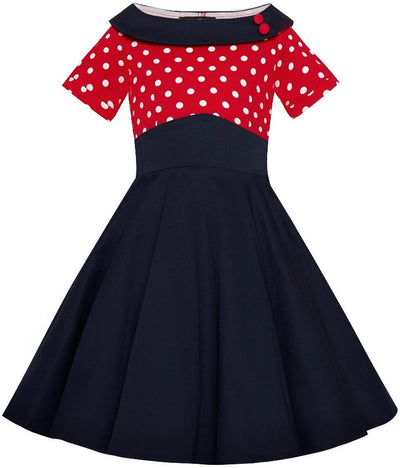 Kids Darlene Swing Dress - Red & White Polka Dot Top and Navy Skirt