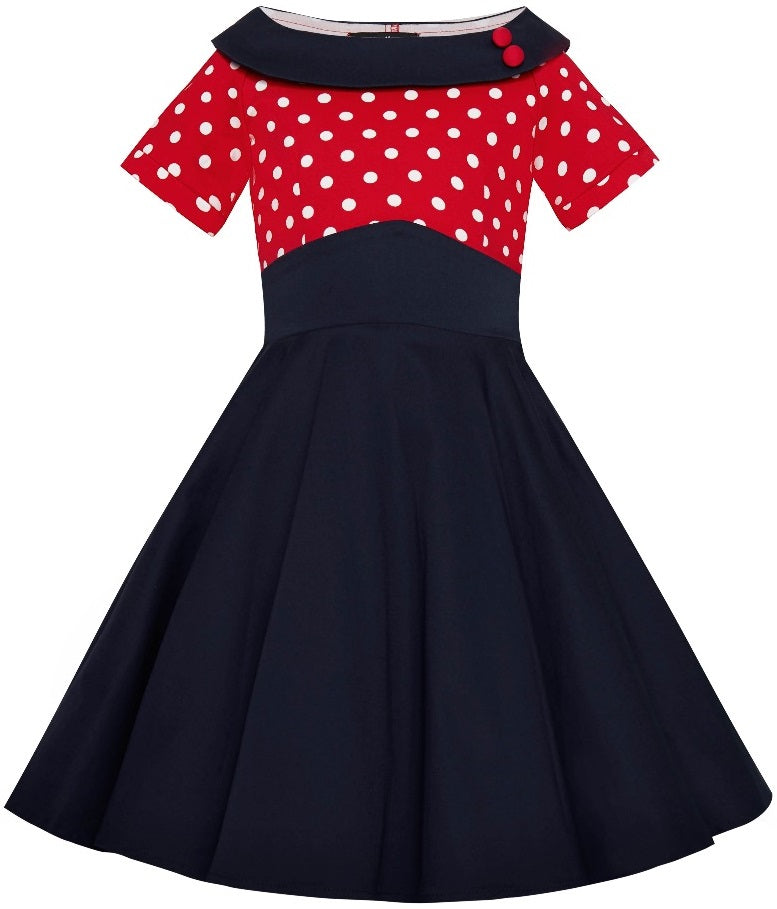 Kids Darlene Swing Dress - Red & White Polka Dot Top and Navy Skirt