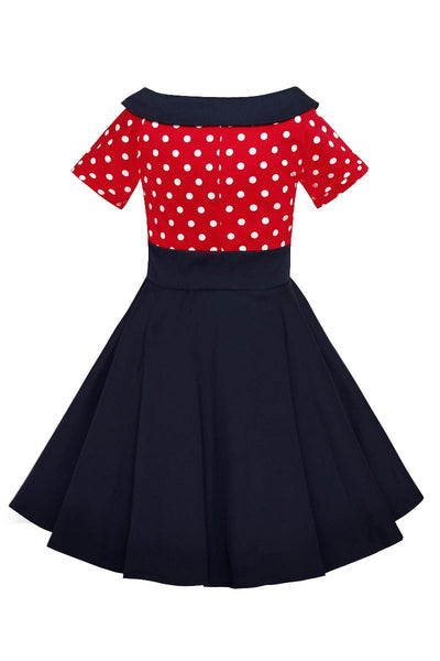 Kids Darlene Swing Dress - Red & White Polka Dot Top and Navy Skirt