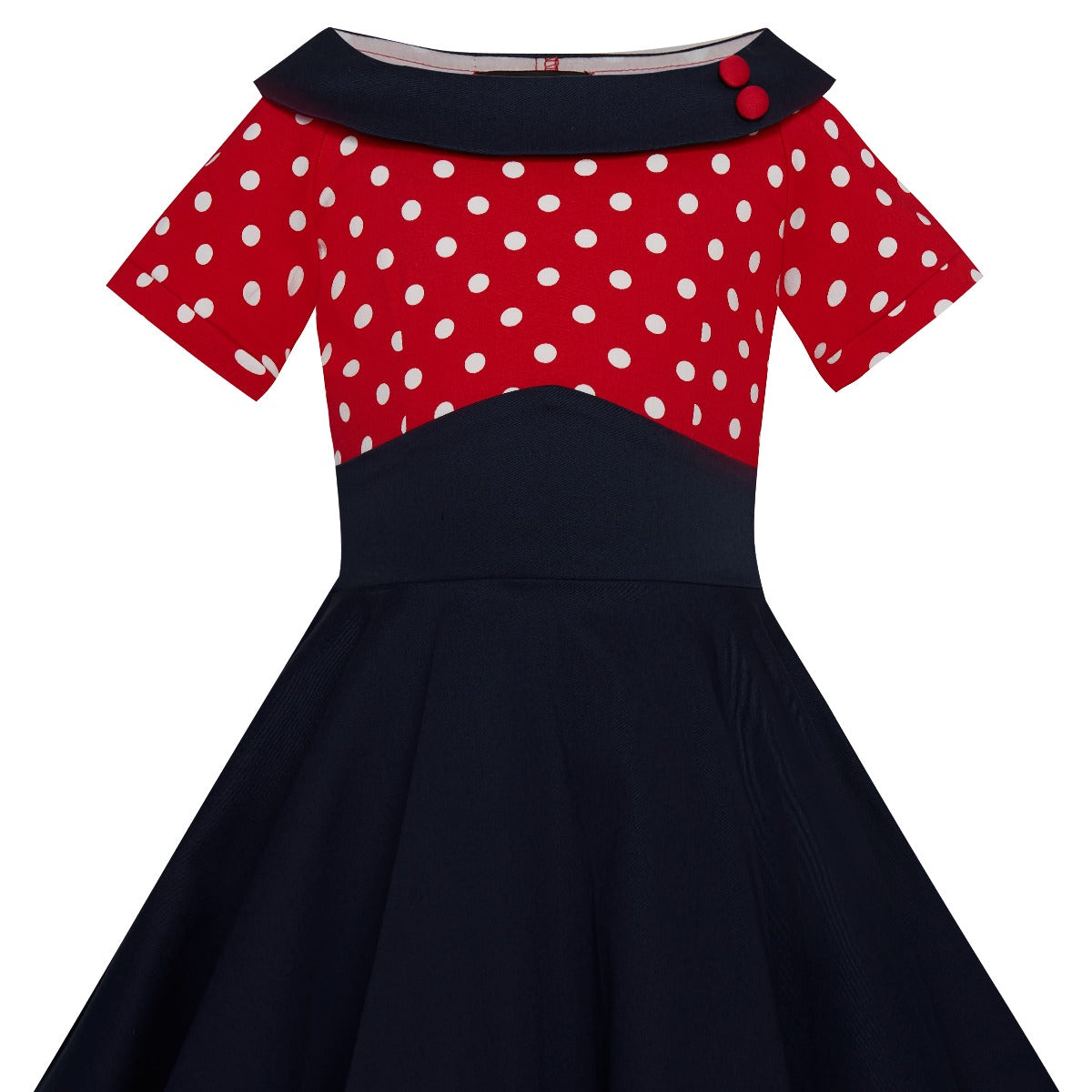 Kids Darlene Swing Dress - Red & White Polka Dot Top and Navy Skirt