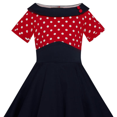 Kids Darlene Swing Dress - Red & White Polka Dot Top and Navy Skirt