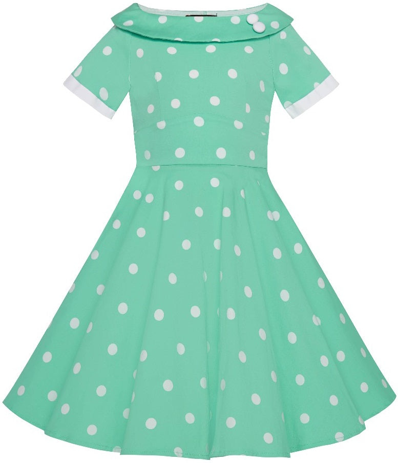 Kids Darlene 50s Polka Dot Swing Dress In Mint-White