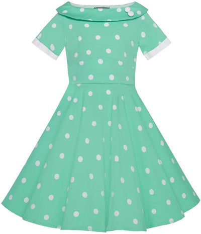 Kids Darlene 50s Polka Dot Swing Dress In Mint-White