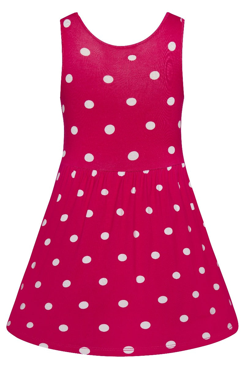 Kids Casual Viscose Knit Polka Dot Dress in Hot Pink-White