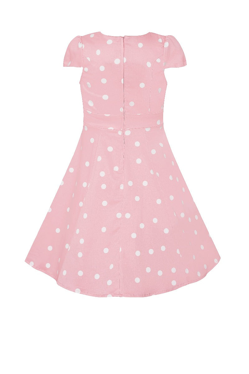 Kid's Retro Polka Dot Swing Dress in Baby Pink and White with sleeves
